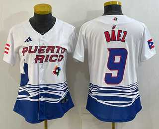 Women%27s Puerto Rico Baseball #9 Javier Baez White 2023 World Baseball Classic Stitched Jerseys->2023 world baseball classic->MLB Jersey